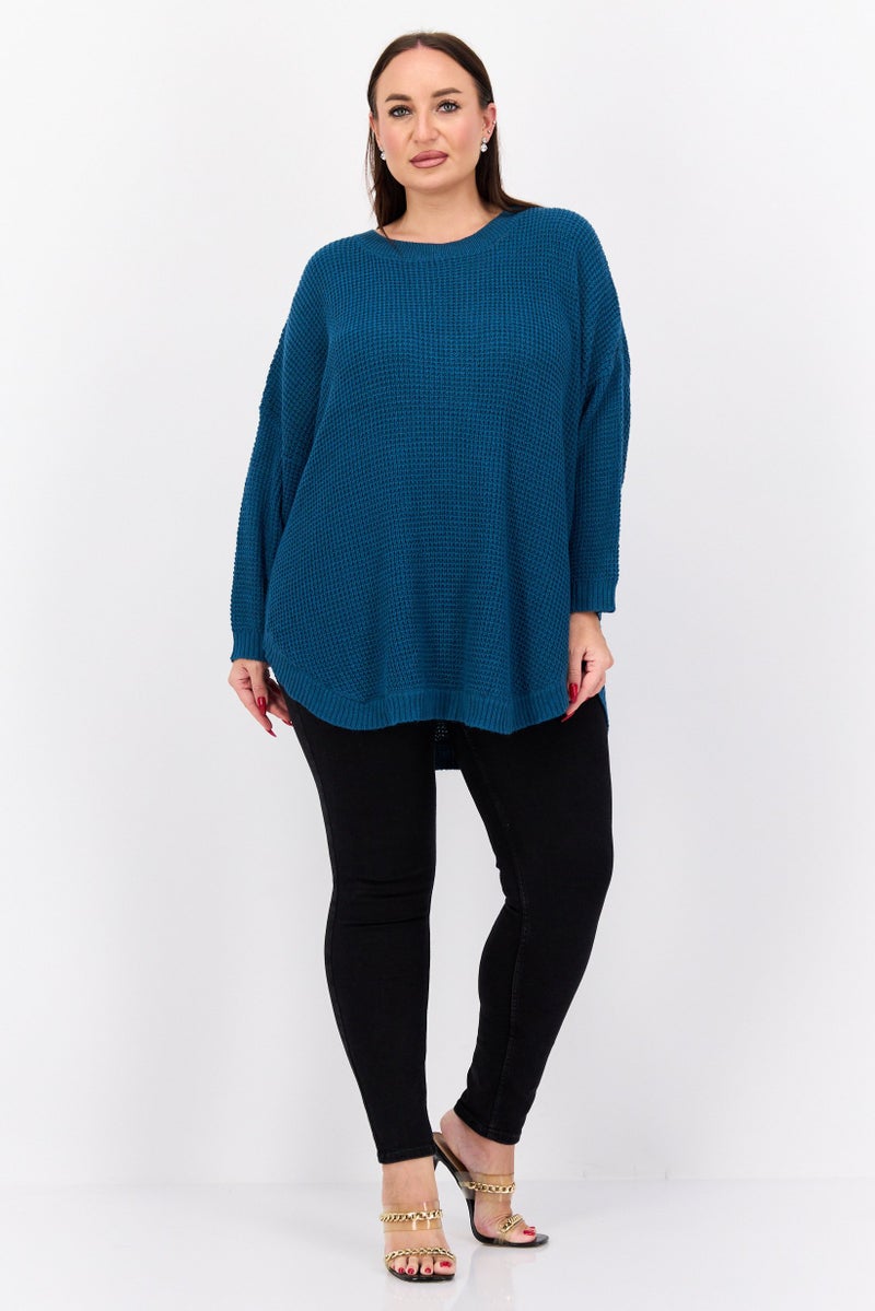 Black Tape سويت شيرت مزخرف بأكمام طويلة للنساء بحجم كبير، أزرق مائل إلى الأخضر - Image 4